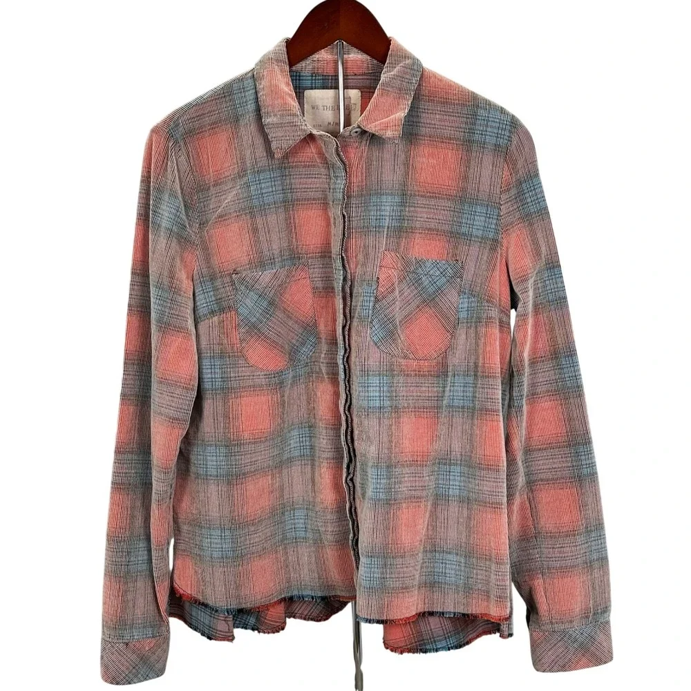 We‎ The Free Faded Plaid Corduroy Button Up Shirt Coral Blue Frayed Hem Peplum M